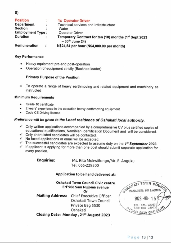 Oshakati Town Council Vacancies 14